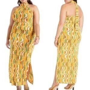 Eloquii‎ Halter Neck Maxi Dress Women's Plus Size 18 Yellow Green Retro Groovy